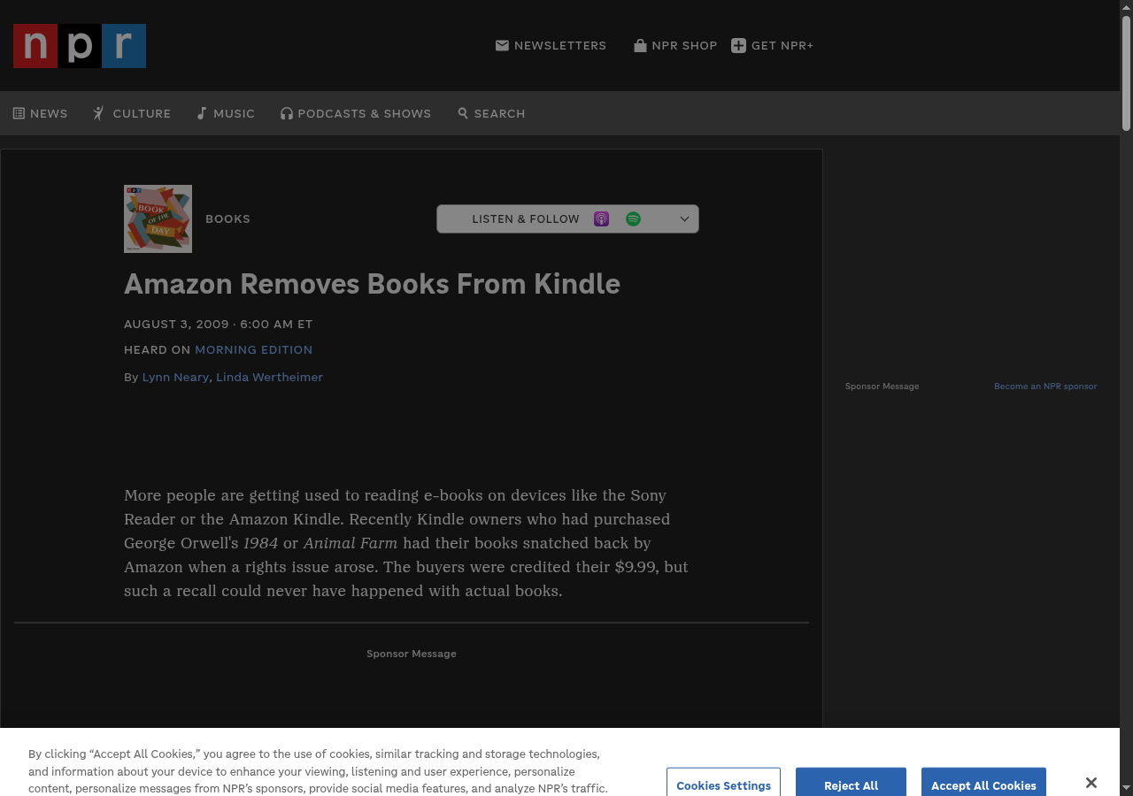 Amazon remove livros do Kindle — reportagem da NPR sobre o caso de 1984