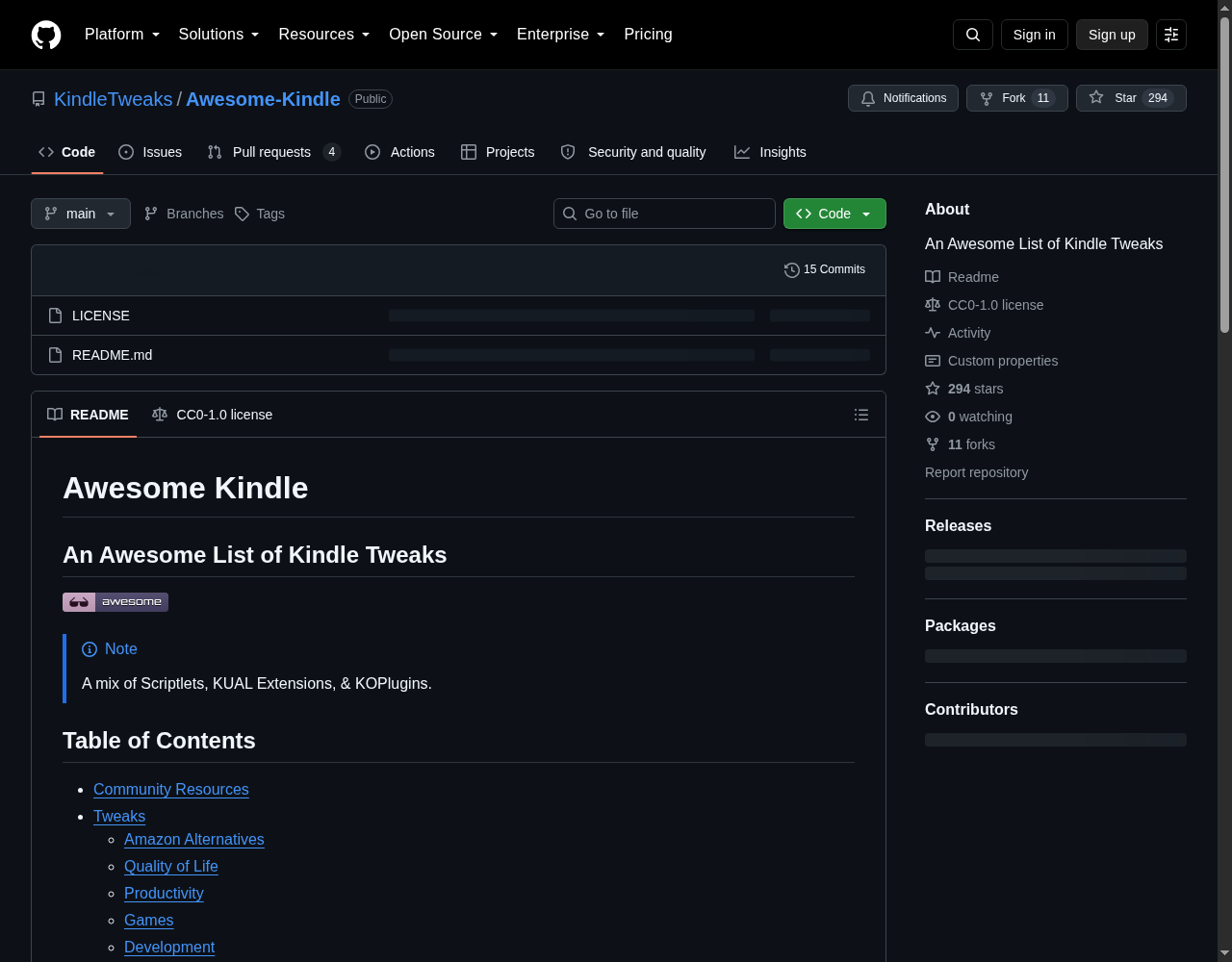 Awesome Kindle no GitHub: lista de tweaks e jogos mantida pela comunidade, com 294 estrelas