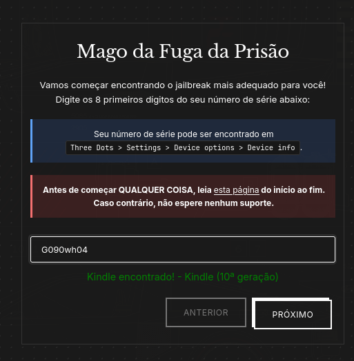 Wizard de jailbreak identificando meu Kindle pelo número de série